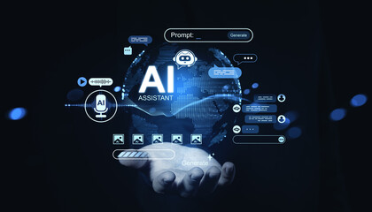 Futuristic AI assistant interface concept with digital content generation elements and holographic globe representing a new era in technology and creation.
