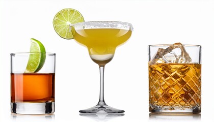 Margarita Cocktails And A Whiskey Drink Isolated On Transparent Background