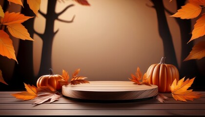 Minimalist Wooden Podium Dressed Haunting Halloween Display Amidst Swirling Autumn Leaves Warm Golden Light Dark Neutral