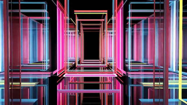 Abstract corridor formed by colorful illuminated geometric shapes against a dark background, perspective and depth