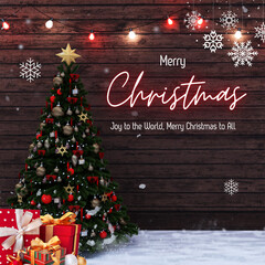 Christmas tree with ornaments and gifts against a wood background with snowflakes and string lights