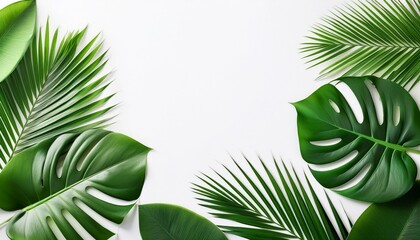Tropical Green Palm And Monstera Leaves On White Background Create Fresh And Natural Border With Vibrant Colors And Smooth Texture