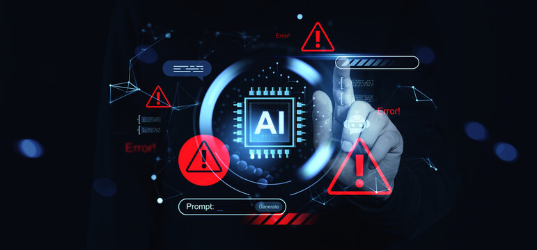 AI system warning interface with error alerts and cybersecurity concept on digital futuristic screen being accessed by human hand in dark background.
