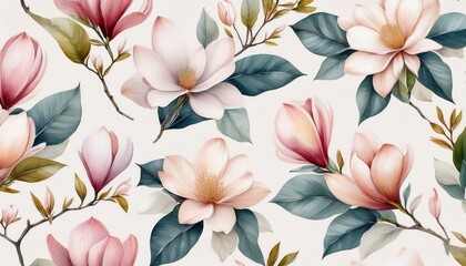 Elegant Beautiful Watercolor Magnolia Flower And Seamless Pattern