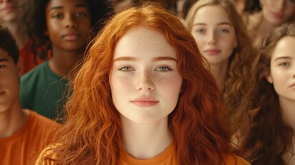A young Caucasian girl with freckles and vibrant red hair stands confidently among a diverse group of teens.