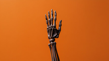 Spooky skeleton hand against an orange backdrop. Halloween vibes, bones in stark contrast. Macabre, yet simple & captivating. A reminder of mortality with holiday fun.