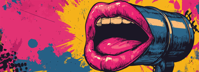 팝아트 스타일의 다채로운 색상 스플래시 배경 위에 강렬하게 소리치는 입 모양 메가폰이 역동적인 메시지를 전달하며 시각적인 에너지를 표현하는 그래픽 일러스트레이션입니다.