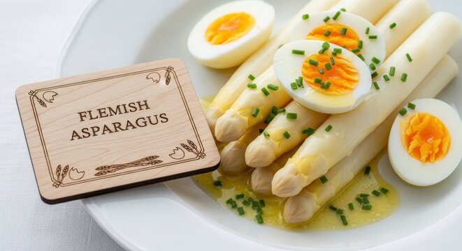 Macro of Belgian Asperges with Hard-Boiled Egg and Butter, with an Engraved Beech Wood 'FLEMISH ASPARAGUS' Sign
