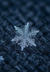 Close-up view of a delicate snowflake resting on a textured, dark blue fabric.