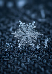 A single, intricate snowflake rests on a textured, dark blue woven surface, showcasing its delicate crystalline structure.