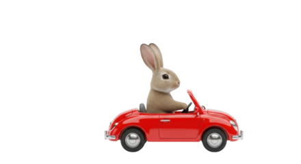 Cute bunny rabbit driving a red toy car isolated PNG with Transparent Background
