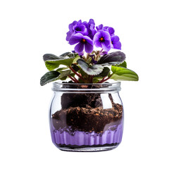 Purple african violet in a glass jar against a black background