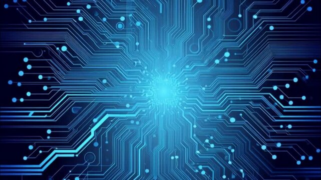  A vector illustration of abstract modern futuristic technology elements with glowing circuit patterns in blue and white on a dark blue  gradient background.
