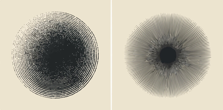 미니멀한 베이지색 배경 위에 배치된 두 개의 독특한 추상 원형 디자인은 복잡한 질감과 섬세하게 퍼져나가는 선으로 시각적인 깊이와 현대적인 미학을 선사하며, 다양한 프로젝트에 활용될 수 있습니다.