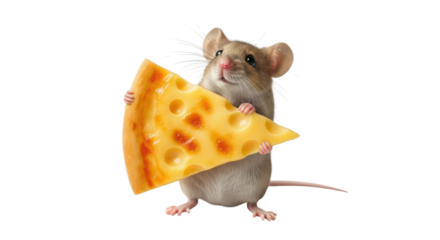 Mouse holding a big piece of swiss cheese isolated PNG with Transparent Background