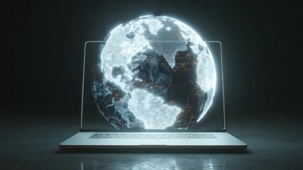 Global Connection: A cutting-edge laptop displays a holographic projection of Earth, symbolizing global connectivity and technological innovation. - Powered by Adobe