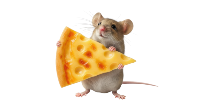 Mouse holding a big piece of swiss cheese isolated PNG with Transparent Background