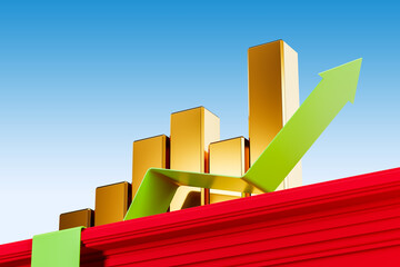 Golden bar chart with rising green arrow on red base against gradient blue background, symbolizing financial growth and business success concept. 3D Rendering