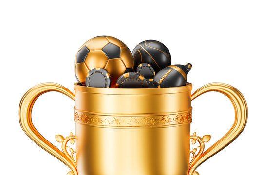 Golden trophy filled with sports balls and casino chips, symbolizing online sports betting, gambling, and winning concept in modern digital design. 3D Rendering
