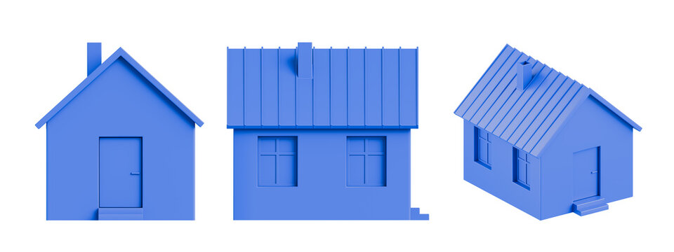 Three blue minimalistic house models isolated on white background, symbolizing housing, mortgage, and real estate concept in modern 3D rendering style. 3D Rendering - Powered by Adobe