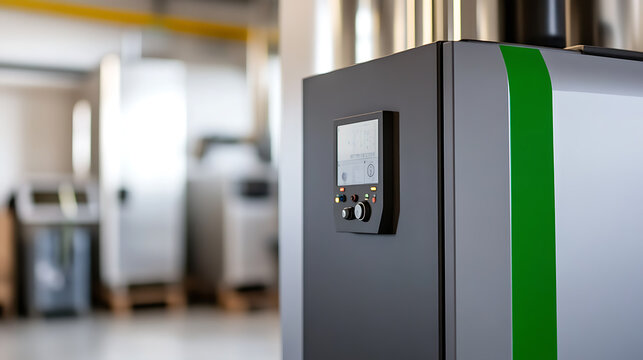 Industrial unit featuring a sleek, modern control panel with digital display and buttons, accented by a bold green stripe. A contemporary look perfect for commercial spaces.