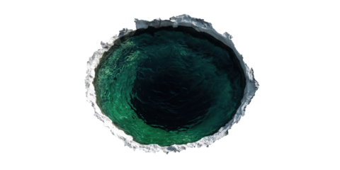 Mysterious Sinkhole: An aerial view showcases a mesmerizing sinkhole, its depths filled with vivid turquoise water, surrounded by a rugged, textured edge, inviting intrigue and exploration.
