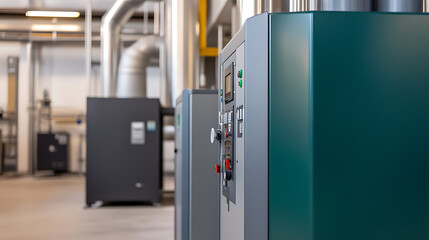 Industrial equipment featuring large metal pipes and control panels. The setting is a modern, minimalist space with clean lines, perfect for depicting technological innovation.