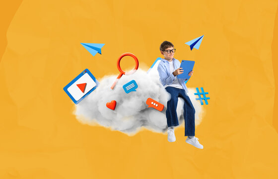 Child sitting on cloud using tablet surrounded by digital media