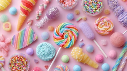Colorful assortment of candies and sweets displayed on a vibrant pink background, featuring lollipops, gummies, and decorative confections for a whimsical treat.