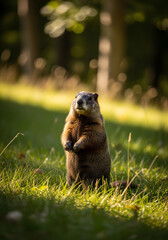 A groundhog stands upright in a sunlit grassy field, observing its surroundings.