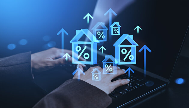 Rising mortgage interest rates and real estate market trends represented by house icons with percent signs and arrows on digital screen background..