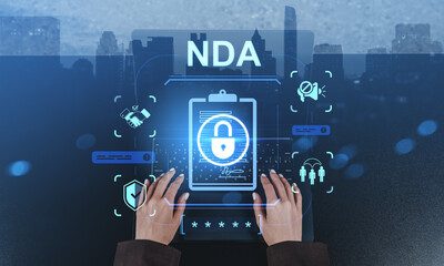 NDA agreement concept with glowing lock icon over keyboard and digital interface representing non-disclosure and confidentiality on city background.