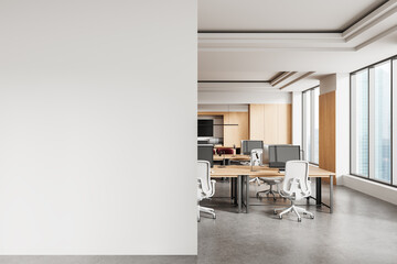 Modern office interior with blank white wall on left side for poster mockup or art display in clean, bright corporate workspace concept layout. 3D Rendering
