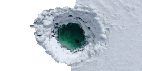 Ice hole and pool: A stunning aerial view unveils a remarkable ice hole, revealing a serene pool of clear, inviting water nestled within. Its beauty, nature's hidden masterpiece.
