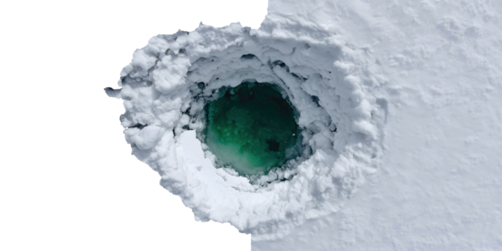 Ice hole and pool: A stunning aerial view unveils a remarkable ice hole, revealing a serene pool of clear, inviting water nestled within. Its beauty, nature's hidden masterpiece.