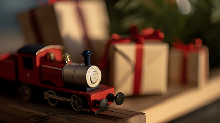 A nostalgic toy train sits on a rustic wooden platform, surrounded by beautifully wrapped presents adorned with red ribbons, evoking a sense of holiday joy and childlike wonder.