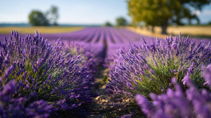 Obraz premium A field of lavender flowers in bloom with trees in the background on a sunny day
