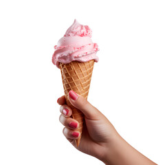 A hand holding a pink ice cream cone on a black background