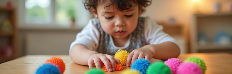 Child engages sensory play during occupational therapy session. Kid explores colorful textured balls. Therapist supports focus during educational activity. Photo highlights inclusive environment