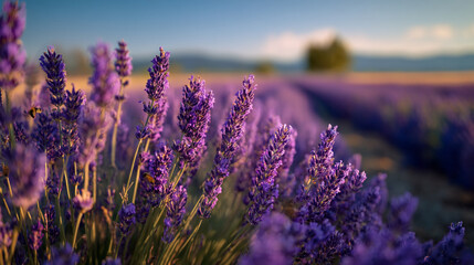 Close up of a lavender field with a blurred background under a blue sky
