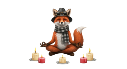 Stylish fox meditating surrounded by candles isolated PNG with Transparent Background