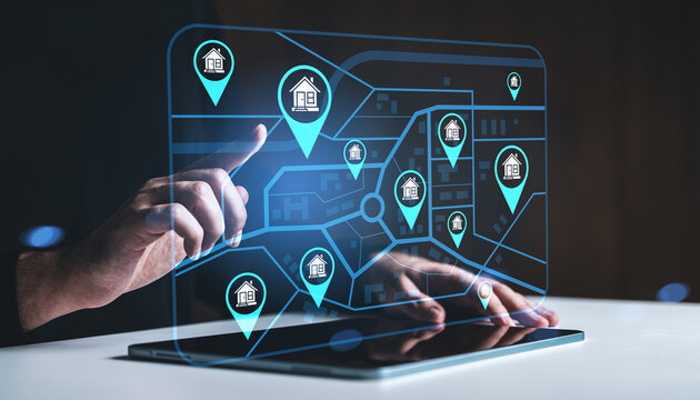 Digital real estate search interface concept with interactive property map displayed on transparent screen above tablet in modern setting. - Powered by Adobe