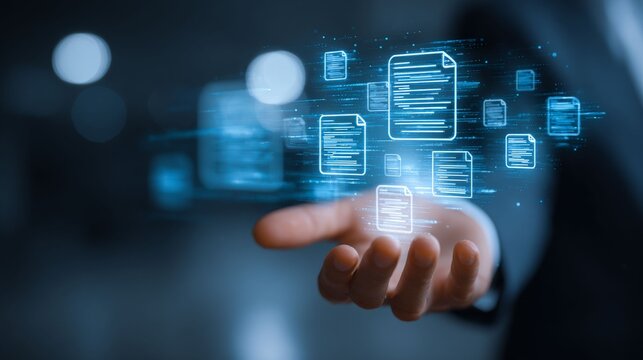 Digital Document Ecosystem: A person's hand gracefully supports a constellation of interconnected digital documents, symbolizing data management and cloud computing, with futuristic aesthetic appeal. - Powered by Adobe