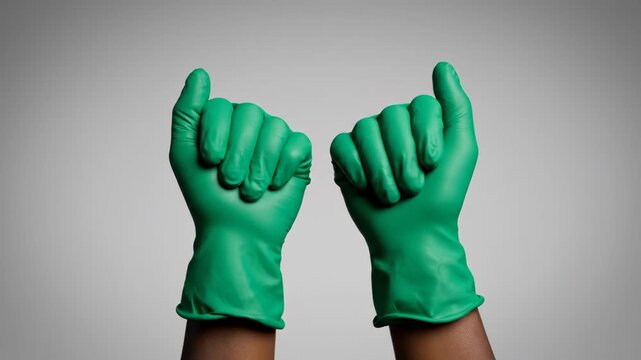 Woman wearing green rubber gloves with various hand gestures for protection. Housekeeping, cleaning, or healthcare safety concept.