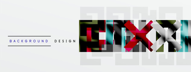 Abstract geometric pattern. Colorful squares overlap, creating dynamic visual texture. Minimalist design with text elements.