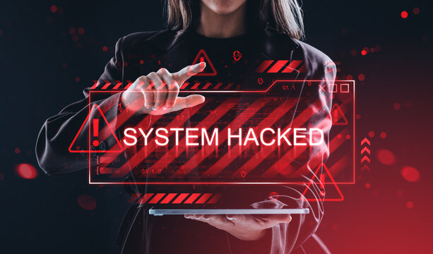 Cybersecurity warning concept with woman interacting with digita