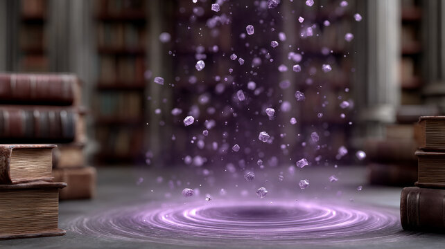Magical purple particles over books in a mystical library setting. - Powered by Adobe
