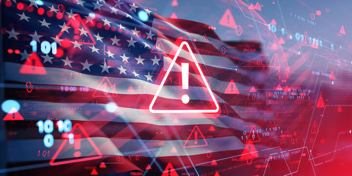 Cybersecurity warning concept over United States flag with digital system errors and binary code symbols displayed in red and blue tones on screen.