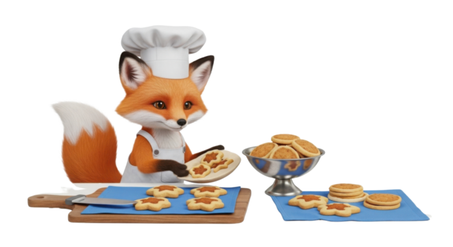 Fox chef baking cookies with jam filling isolated PNG with Transparent Background