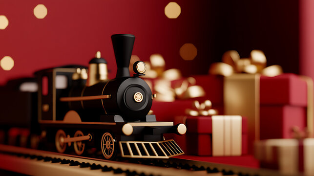 Classic black toy train with gold accents on tracks, set against festive red backdrop with bokeh lights and elegant gift boxes. A timeless symbol of joy and adventure.
